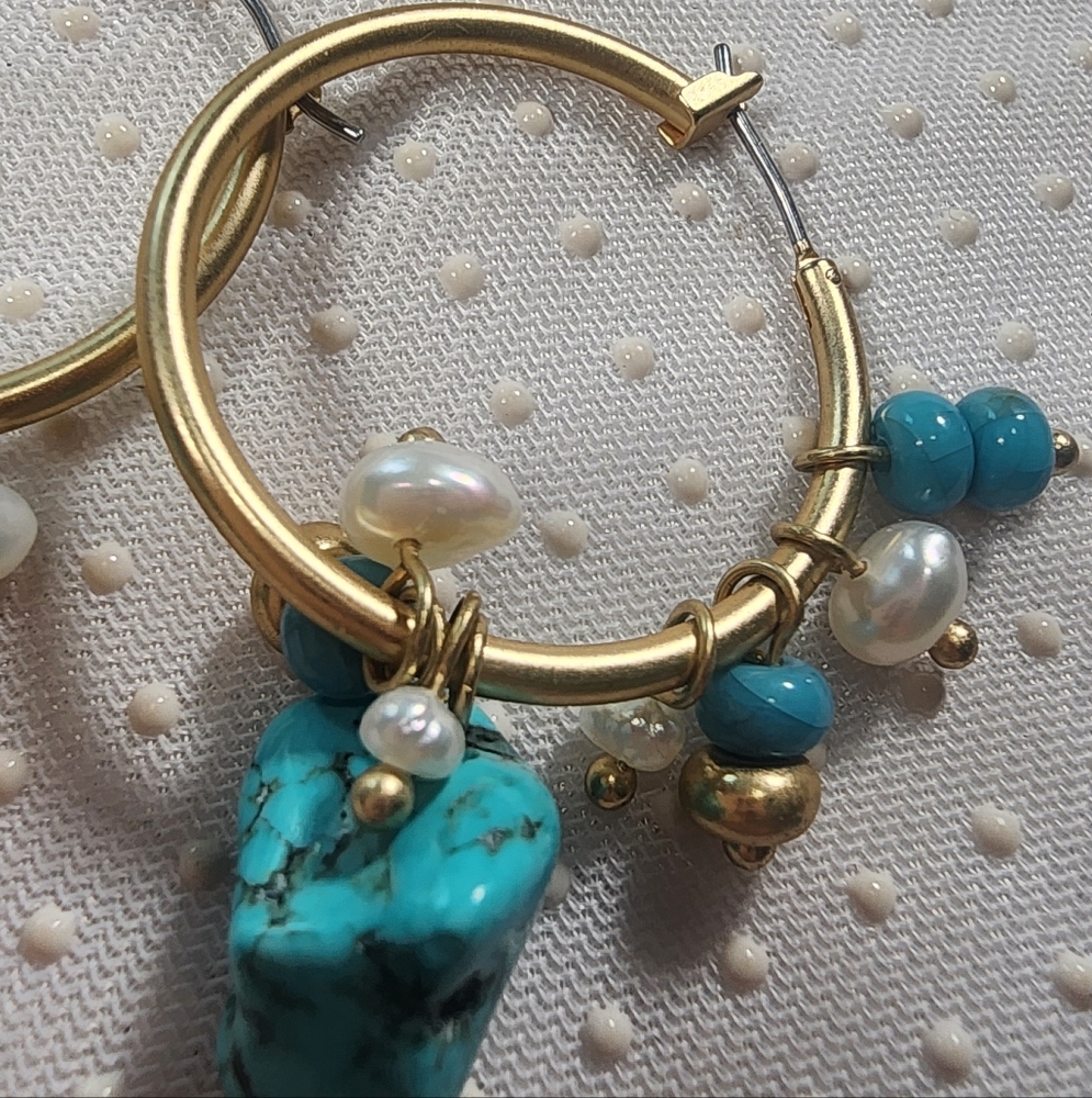 Turquoise and Gold- Tone  Hoop Earrings Bohemian and Trendy - Picture 5 of 6
